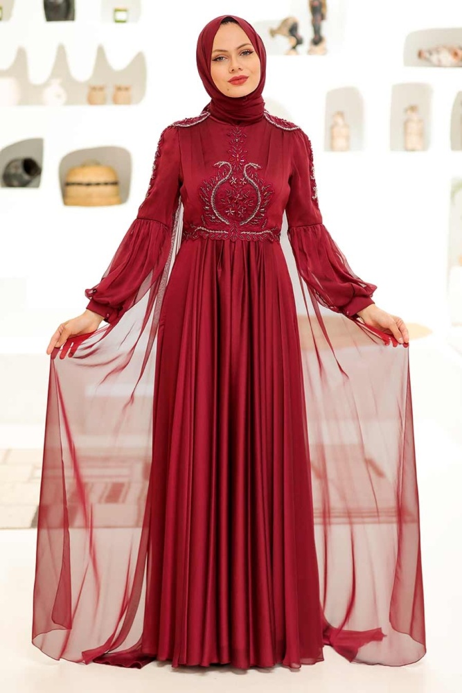 Neva Style - Elegant Claret Red Muslim Fashion Evening Dress 2212BR - 2