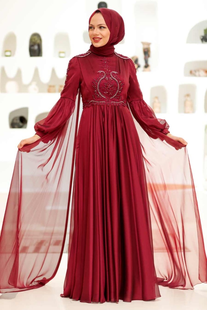 Neva Style - Elegant Claret Red Muslim Fashion Evening Dress 2212BR - 3