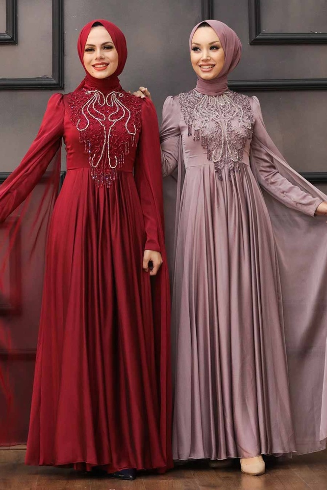 Neva Style - Modern Claret Red Islamic Engagement Dress 22140BR - 3