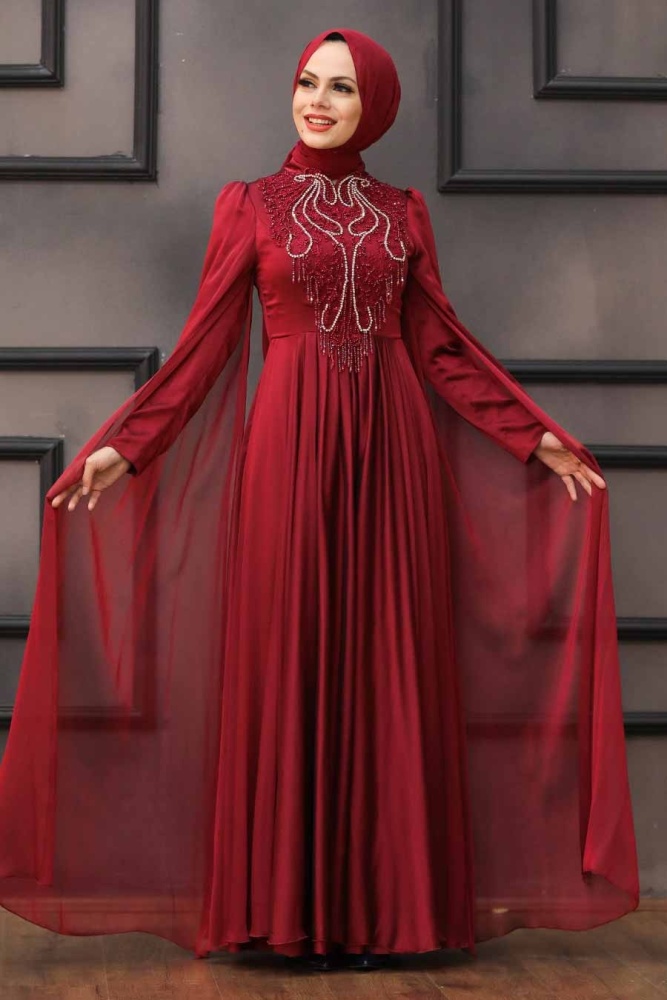 Neva Style - Modern Claret Red Islamic Engagement Dress 22140BR - 1