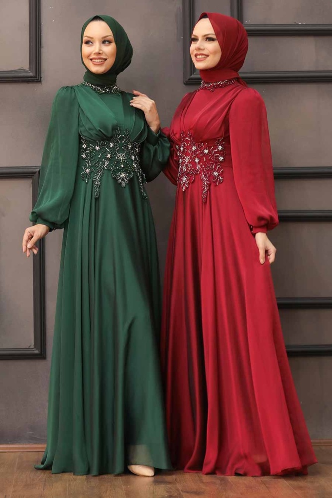 Neva Style - Luxury Claret Red Islamic Clothing Evening Dress 22150BR - 2