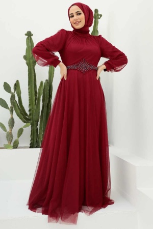 Neva Style - Stylish Claret Red Islamic Clothing Evening Gown 22290BR - 1