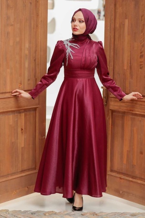 Neva Style - Claret Red Turkish Hijab Evening Dress 22301BR - 2