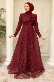 Claret Red Hijab Evening Dress 22421BR - Thumbnail