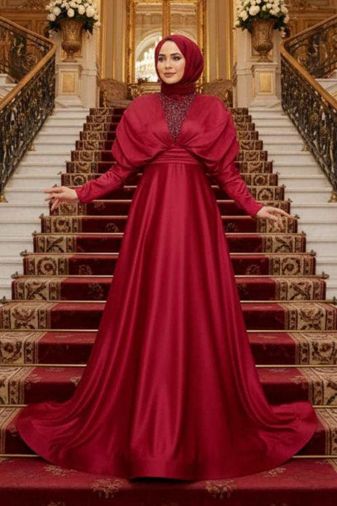Neva Style - Luxorious Claret Red Modest Islamic Clothing Prom Dress 22451BR - 1