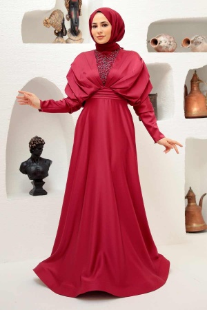 Neva Style - Luxorious Claret Red Modest Islamic Clothing Prom Dress 22451BR - 1