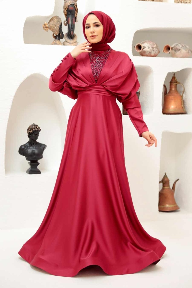 Neva Style - Luxorious Claret Red Modest Islamic Clothing Prom Dress 22451BR - 2