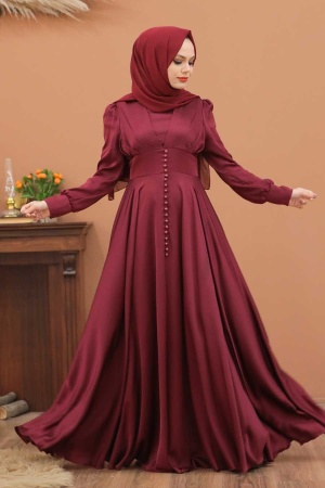 Claret Red Hijab Evening Dress 25160BR - 1