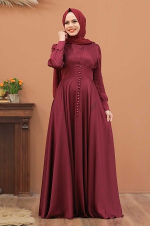 Claret Red Hijab Evening Dress 25160BR - 2