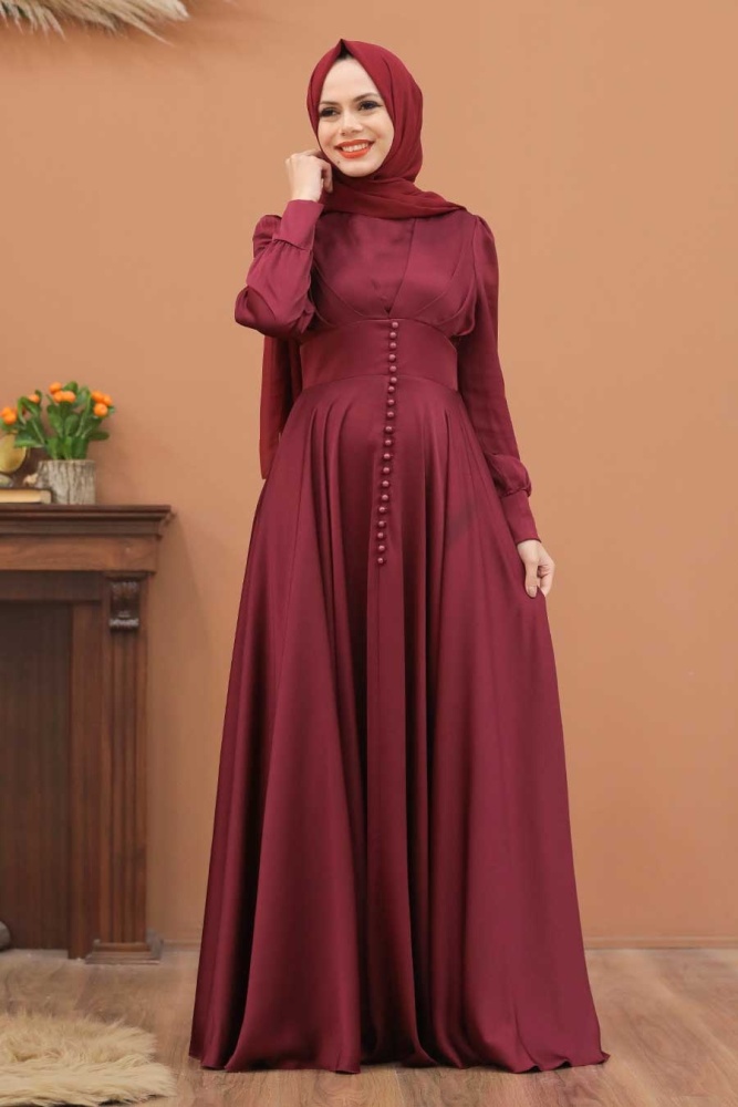 Claret Red Hijab Evening Dress 25160BR - 2