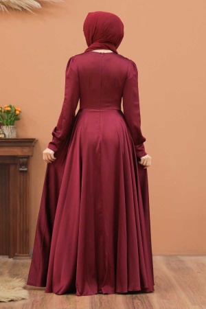 Claret Red Hijab Evening Dress 25160BR - 3