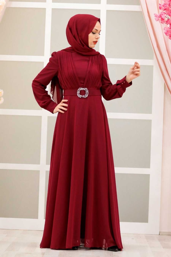 Neva Style - Modern Claret Red Hijab Evening Dress 27690BR - 2