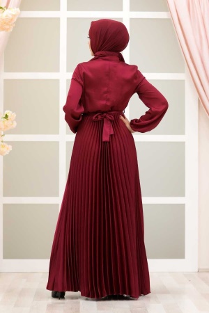 Neva Style - Satin Claret Red Islamic Clothing Engagement Dress 3031BR - 3