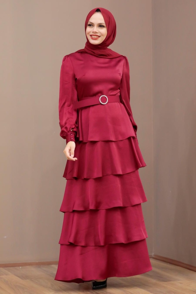 Neva Style - Claret Red Turkish Hijab Muslim Evening Dress 3037BR - 2