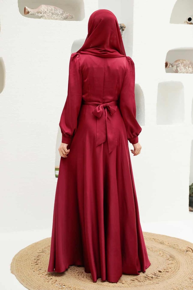 Neva Style - Satin Claret Red Modest Islamic Clothing Wedding Dress 3064BR - 2