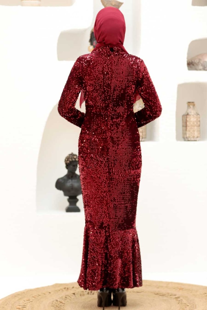 Neva Style - Claret Red Turkish Hijab Long Sleeve Dress 32370BR - 3