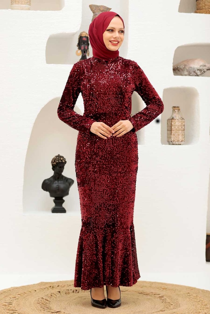 Neva Style - Claret Red Turkish Hijab Long Sleeve Dress 32370BR - 1