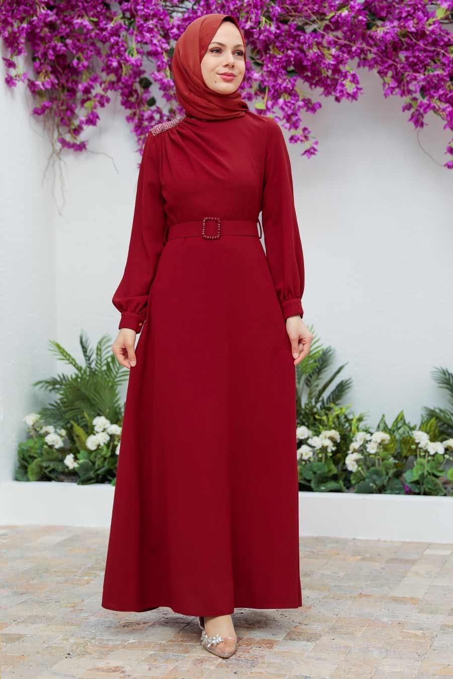 Neva Style - Modern Claret Red Hijab Long Sleeve Dress 3295BR