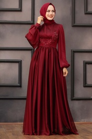 Claret Red Hijab Evening Dress 33190BR - Thumbnail