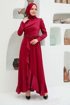 Neva Style - Modern Claret Red Muslim Evening Gown 3381BR - 1