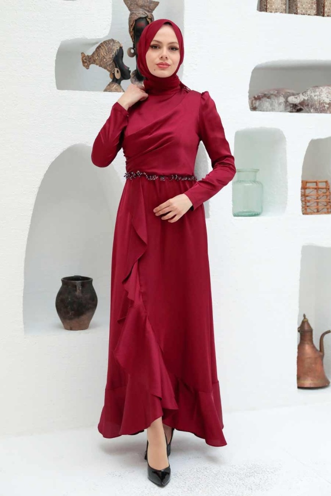 Neva Style - Modern Claret Red Muslim Evening Gown 3381BR - 2