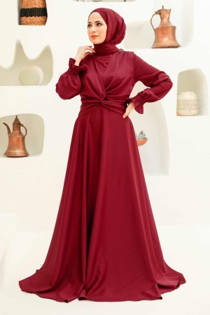 Neva Style - Stylish Claret Red Islamic Clothing Engagement Dress 3389BR - 1