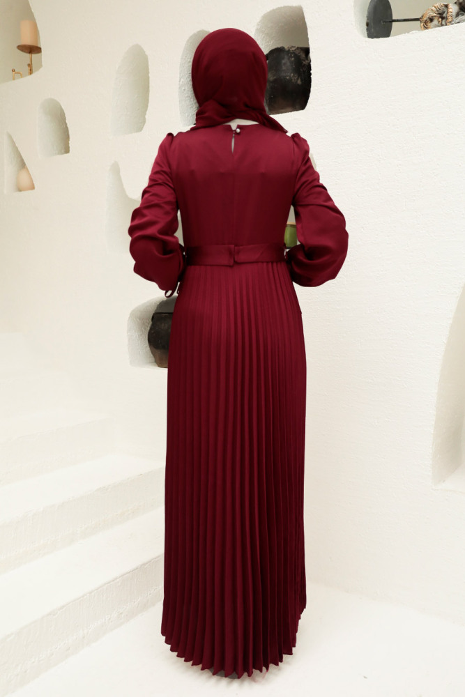 Neva Style - Elegant Claret Red Islamic Clothing Wedding Dress 3452BR - 4