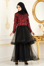 Claret Red Hijab Evening Dress 37110BR - Thumbnail