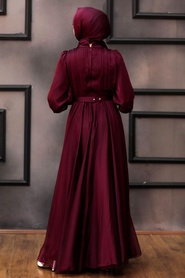 Neva Style - Elegant Claret Red Islamic Long Sleeve Maxi Dress 40221BR - Thumbnail