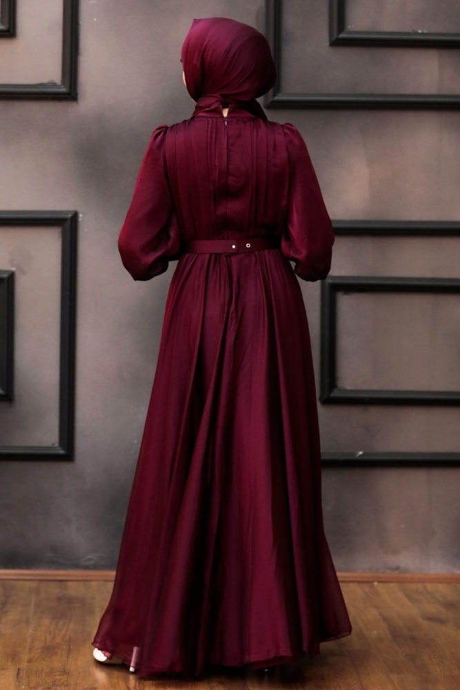 Neva Style - Elegant Claret Red Islamic Long Sleeve Maxi Dress 40221BR - 3
