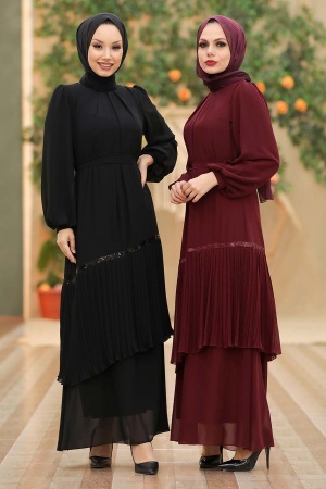 Claret Red Hijab Evening Dress 40602BR - 2