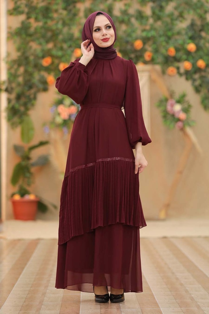Claret Red Hijab Evening Dress 40602BR - 1