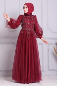 Claret Red Hijab Evening Dress 4093BR - Thumbnail