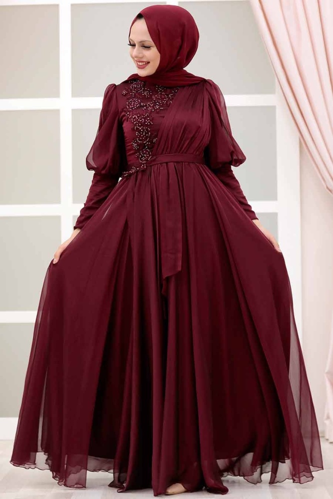 Neva Style - Modern Claret Red Modest Bridesmaid Dress 41551BR - 2