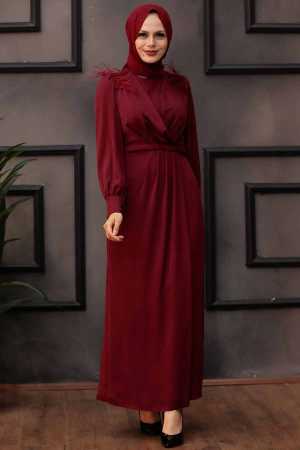 Claret Red Hijab Evening Dress 4199BR - 2