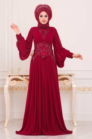 Claret Red Hijab Evening Dress 46621BR - Thumbnail
