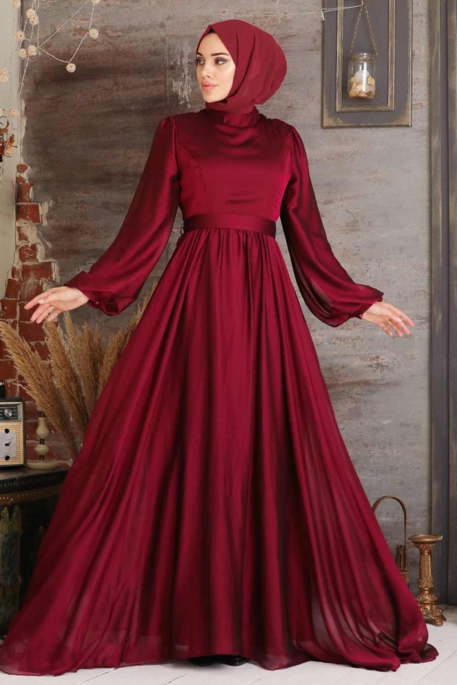 Neva Style - Elegant Claret Red Islamic Clothing Evening Gown 5215BR - 1