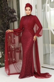 Neva Style - Luxorious Claret Red Islamic Evening Gown 5383BR - Thumbnail