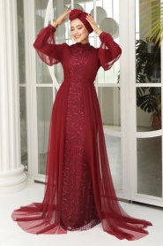 Neva Style - Luxorious Claret Red Islamic Evening Gown 5383BR - Thumbnail