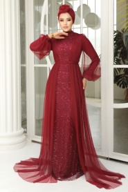 Neva Style - Luxorious Claret Red Islamic Evening Gown 5383BR - Thumbnail