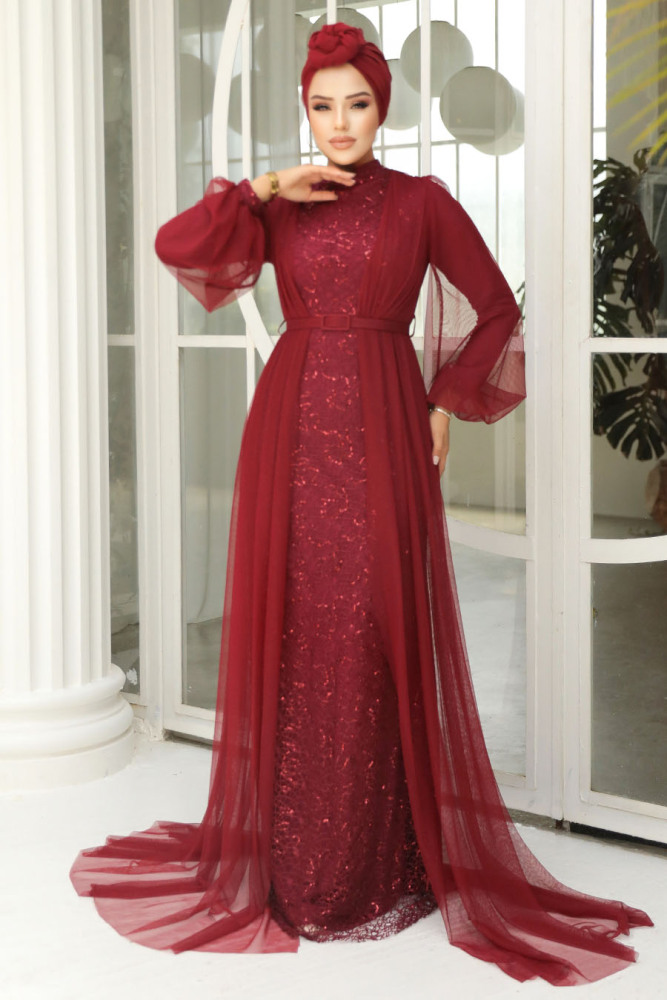 Neva Style - Luxorious Claret Red Islamic Evening Gown 5383BR - 3