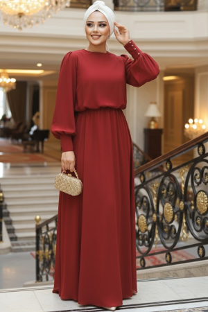 Neva Style - Plus Size Claret Red Islamic Evening Dress 54030BR - 1