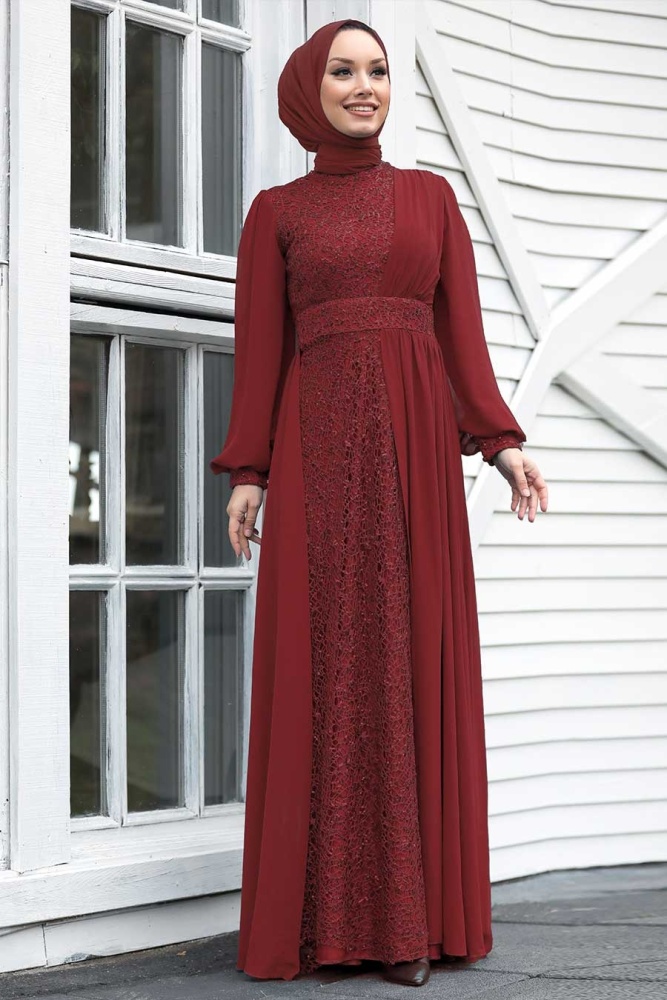 Neva Style - Plus Size Claret Red Muslim Evening Gown 5408BR - 1