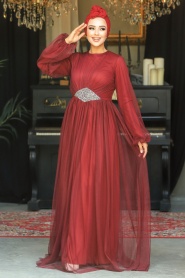 Neva Style - Stylish Claret Red Modest Evening Gown 54230BR - Thumbnail