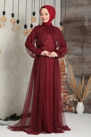 Neva Style - Claret Red Turkish Hijab Prom Dress 5441BR - Thumbnail