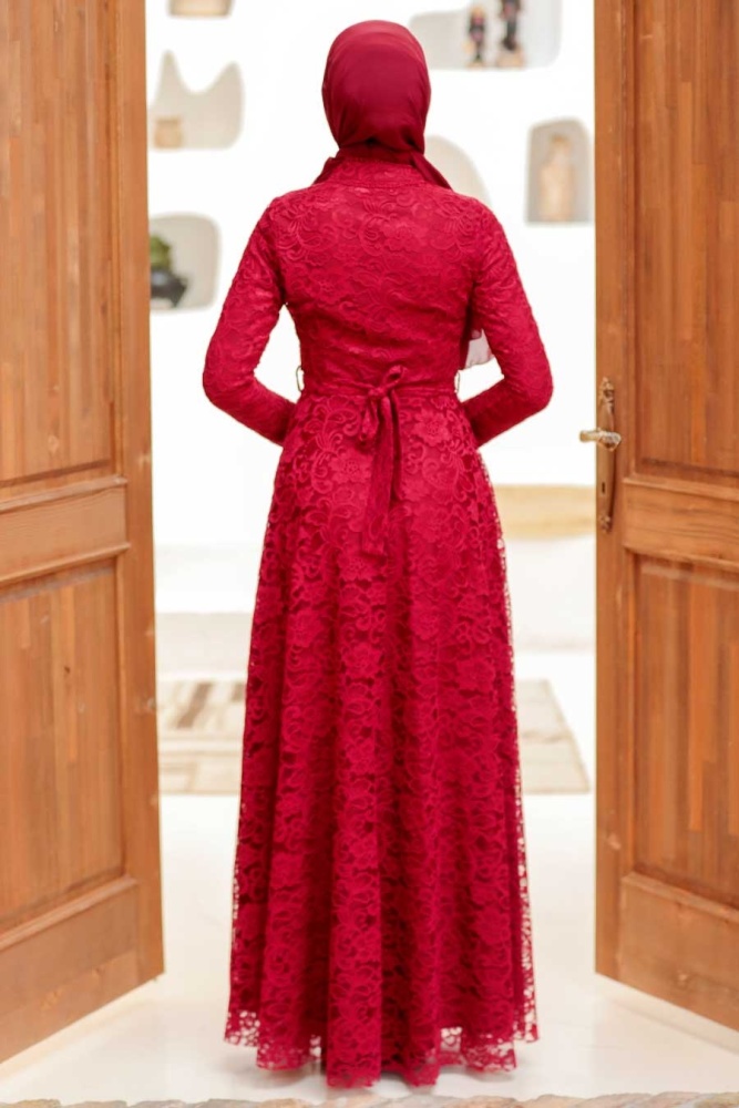 Claret Red Hijab Evening Dress 54720BR - 3
