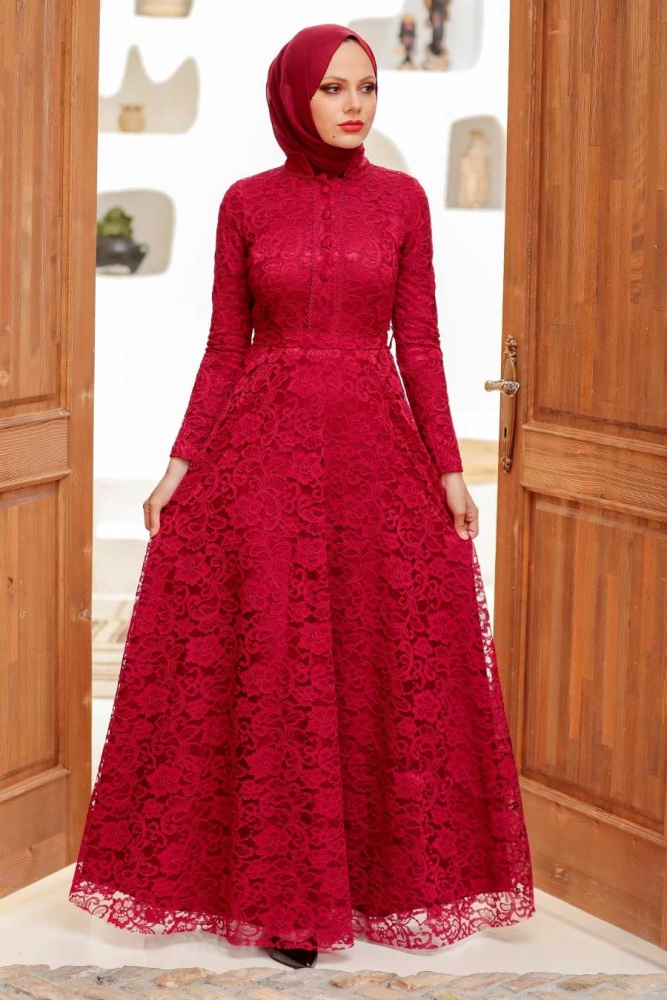 Claret Red Hijab Evening Dress 54720BR - 1