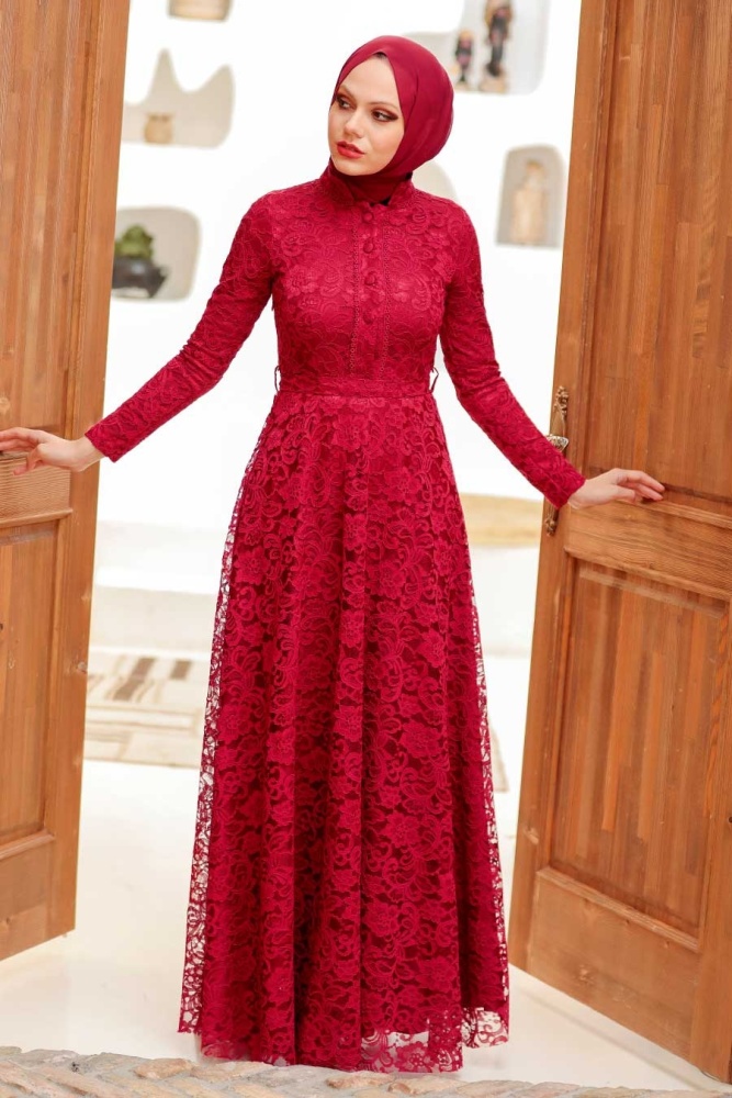 Claret Red Hijab Evening Dress 54720BR - 2