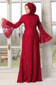 Claret Red Hijab Evening Dress 5487BR - Thumbnail