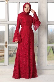 Claret Red Hijab Evening Dress 5487BR - Thumbnail